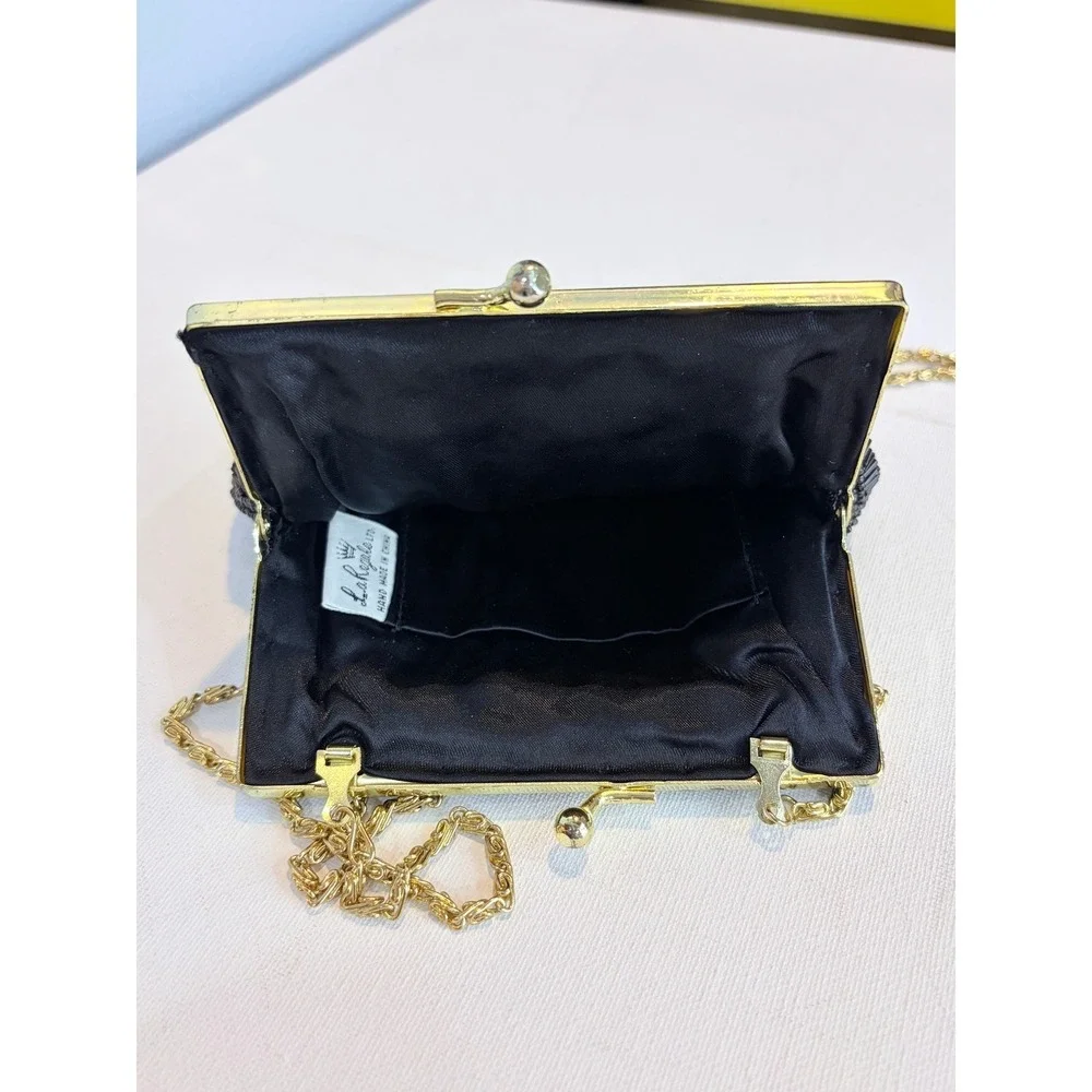 Vintage 80s La Regale Black Beaded Chevron Evening Bag Gold Chain Clutch Purse